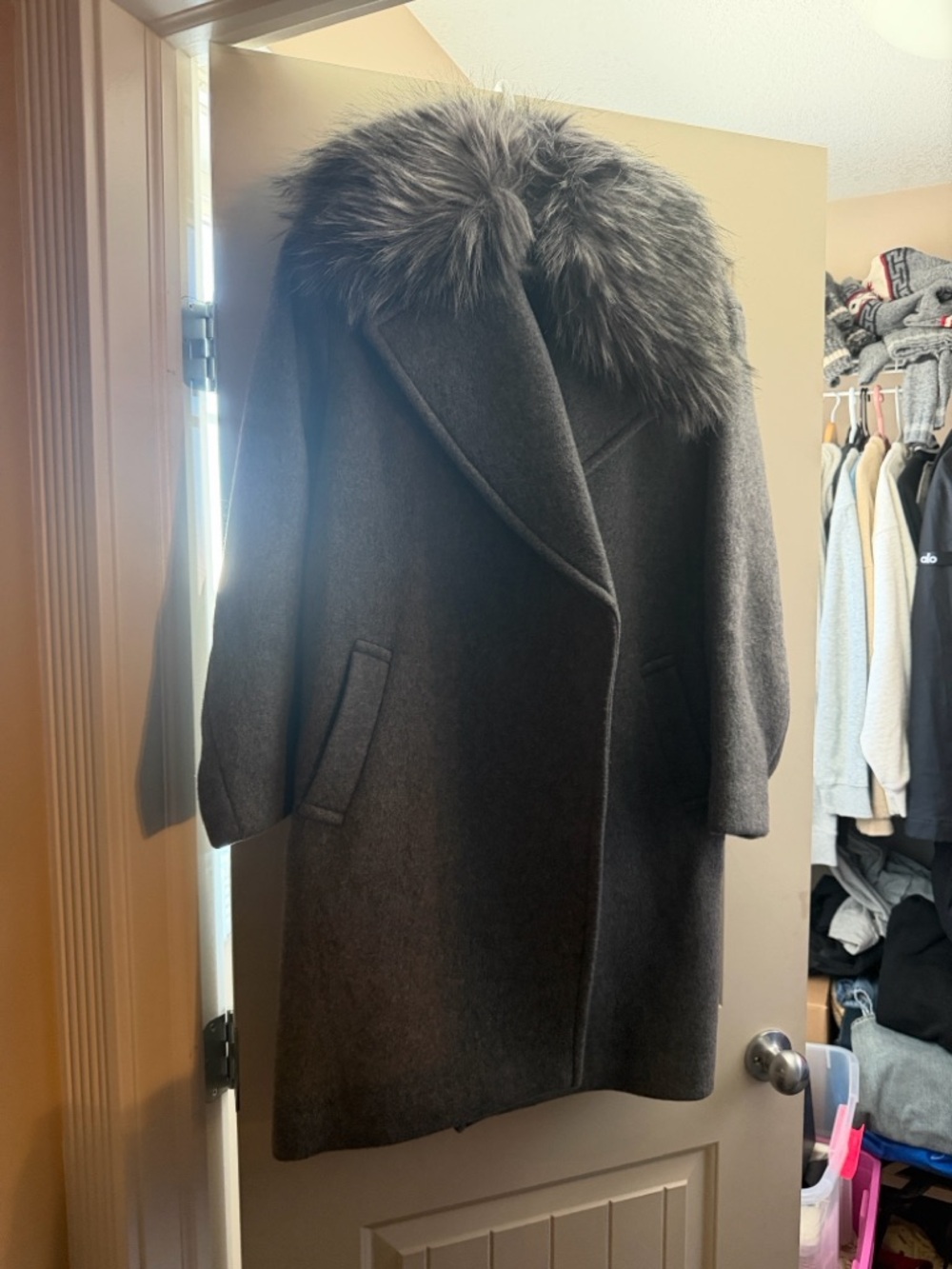 Michael Kors Charcoal Gray Wool Trench Coat with Faux Fur Collar new
